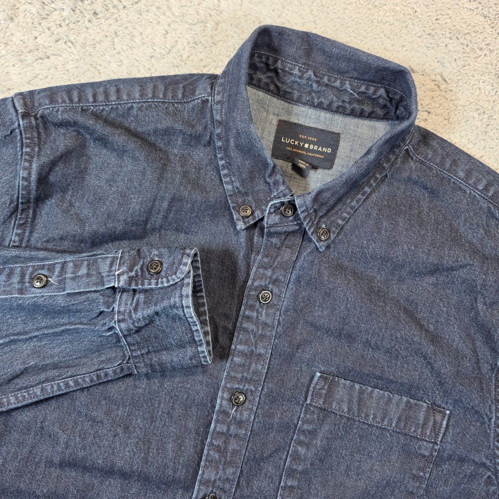 Lucky Brand Denim Shirt Mens M Blue Dark Wash Long Sleeve Button Down Cotton
